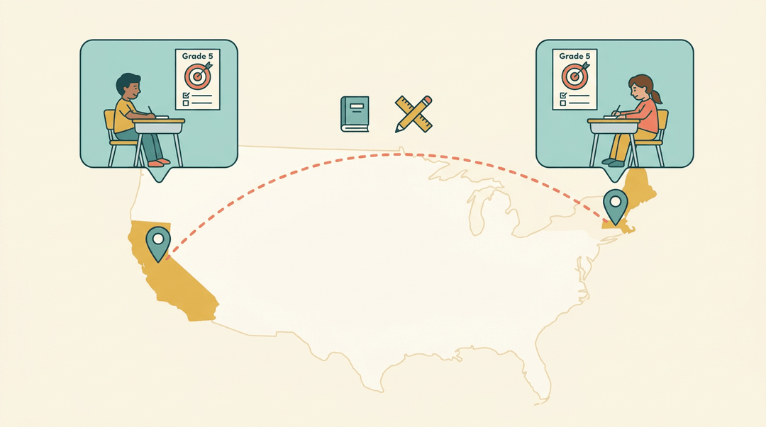 A map of the United States with two distant classroom pins connected by a dashed line, showing identical