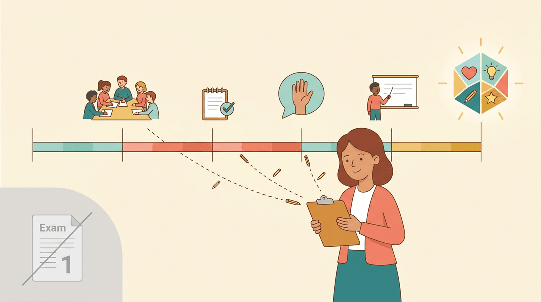 A teacher monitors a timeline of varied student assessments, leading to a holistic report card, contrasting a faded single exam.