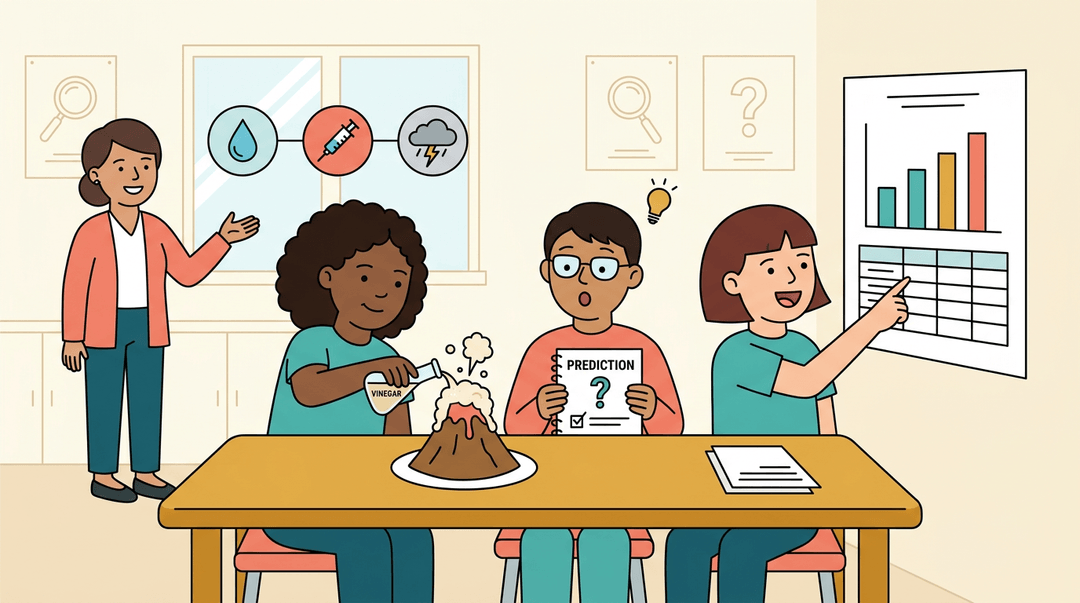 Three middle-school students conduct a science experiment in a classroom while their teacher points to real-world science icons.