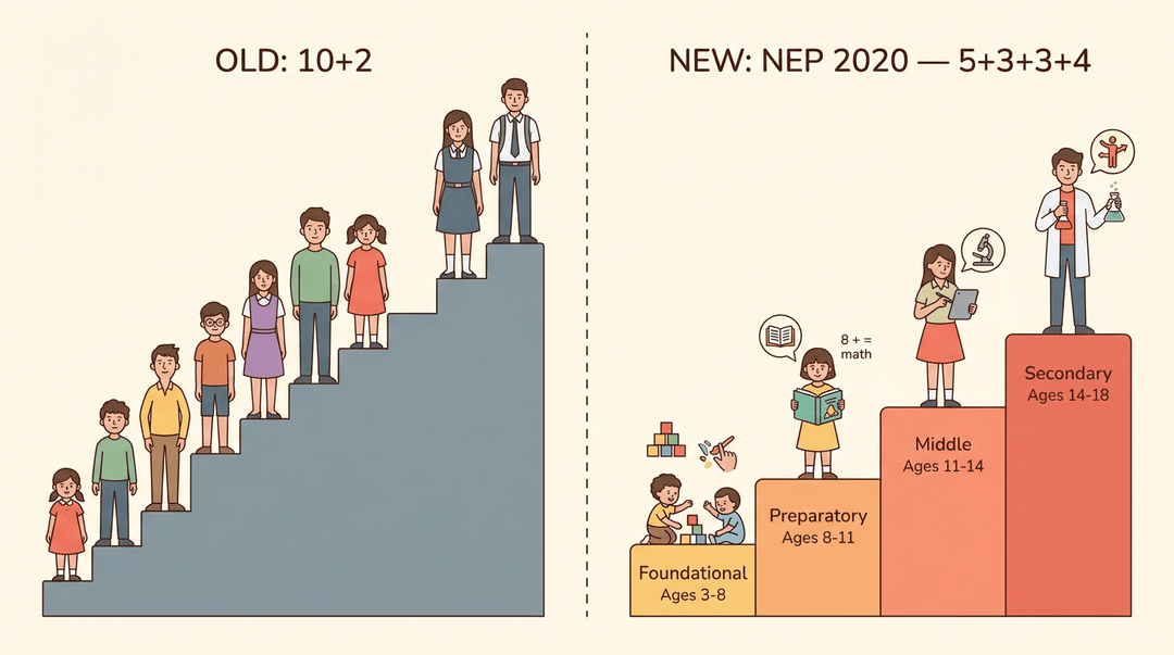 A before-and-after image comparing an old, uniform 10+2 education system with mismatched students, and a new, color-coded 5+3+3+4 system showing age-appropriate learning stages.