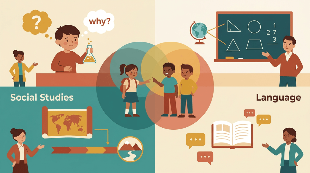 Four interconnected classroom subjects – science, math, social studies, and language arts – meet at the center where three students engage.