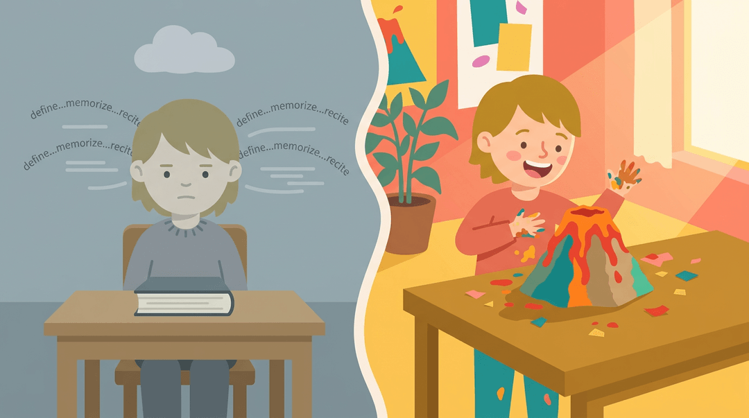 A split image contrasting a bored child rote-learning on the left with the same child joyfully engaged in hands-on learning on the right.