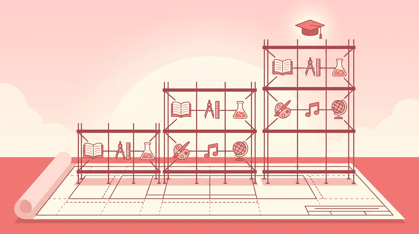 A pink and cream blueprint covered with educational icons represents a structural framework supporting all levels and subjects of education.