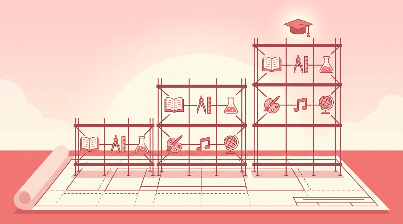 A pink and cream blueprint covered with educational icons represents a structural framework supporting all levels and subjects of education.