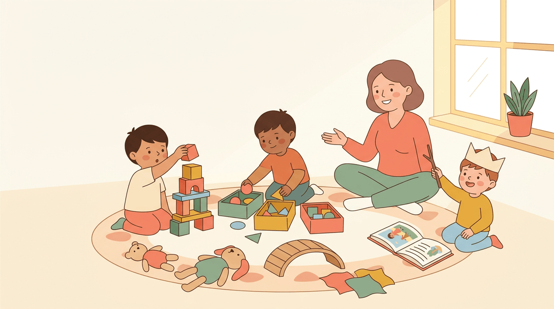 A teacher watches three young children play in a sunlit classroom with blocks, shapes, and dramatic play items.