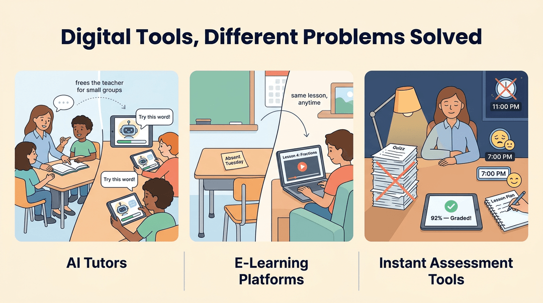 A graphic with three panels shows how digital tools like AI tutors, e-learning platforms, and instant assessment tools solve classroom problems.