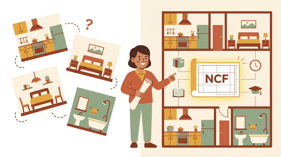 A teacher points to a house under construction, demonstrating the transformation from disconnected rooms to an organized structure around an NCF blueprint.