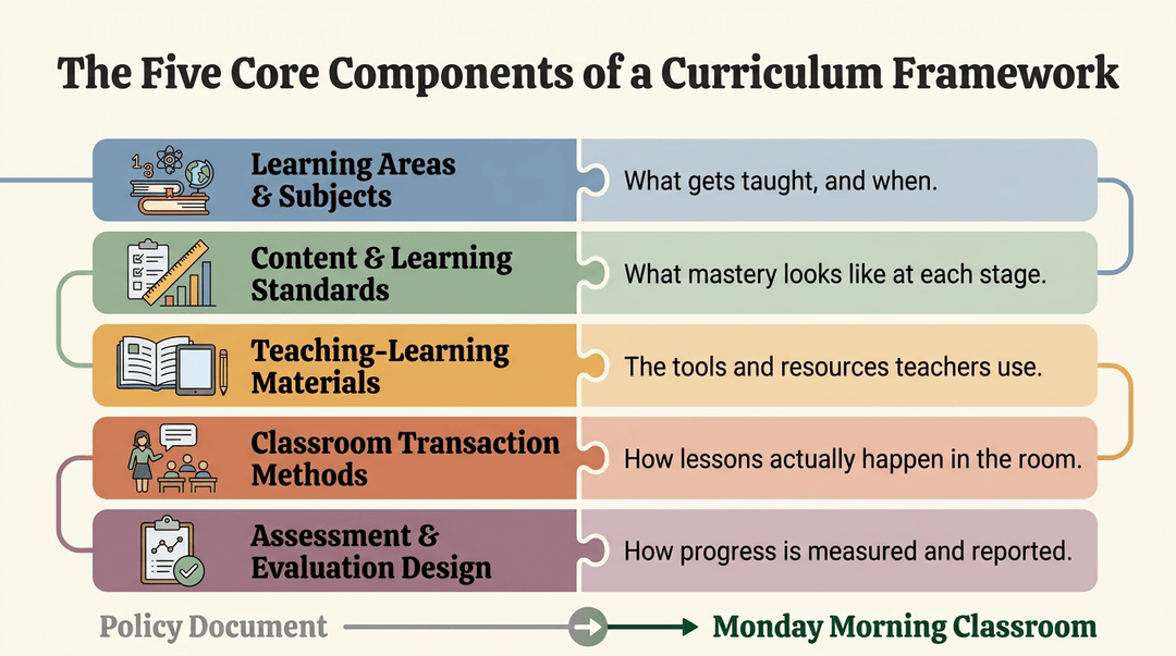 Infographic illustrating the five core components of a curriculum framework, from policy to classroom practice.