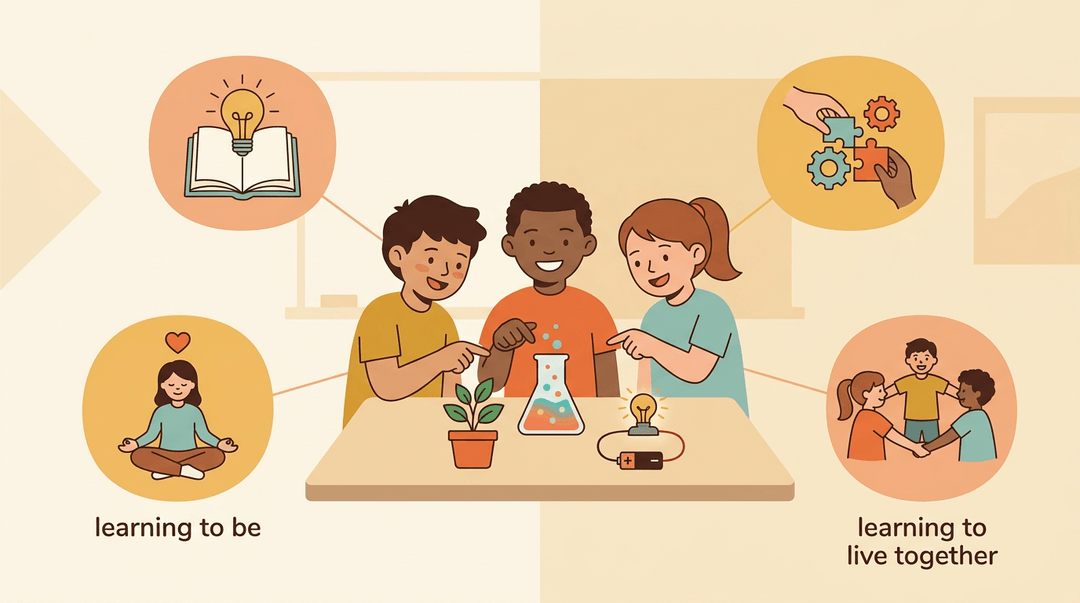 A diverse group of middle schoolers do a science experiment, surrounded by four icons representing pillars of learning.