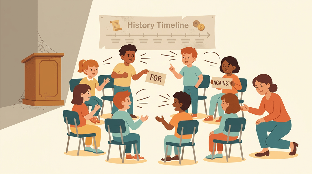 Students debate in a classroom, with the teacher engaging at eye level, contrasting a traditional podium in the shadows.