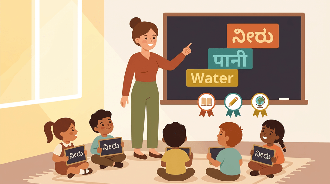 A smiling teacher points to word cards on a chalkboard with students seated on a rug, holding slates.