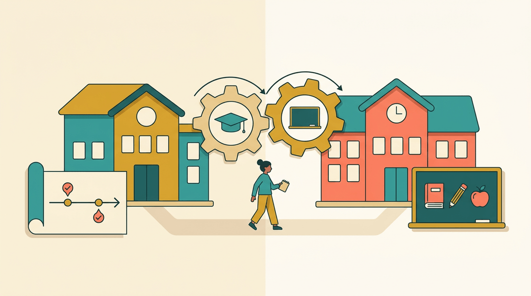 A teacher walks from a training college to a school, linked by gears, symbolizing the journey from training to classroom.