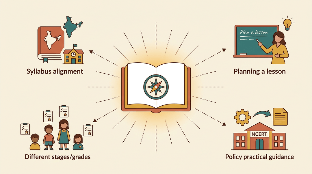 A glowing open book at the center radiates dotted lines to four smaller scenes depicting various aspects of education.