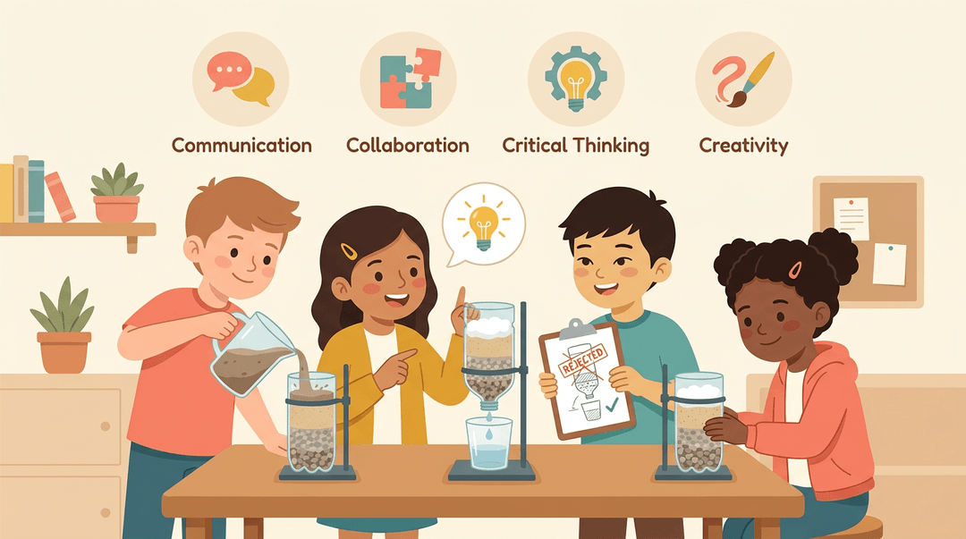 Four diverse elementary students collaboratively build a water filter from a bottle, gravel, and sand while icons above symbolize teamwork and creativity.