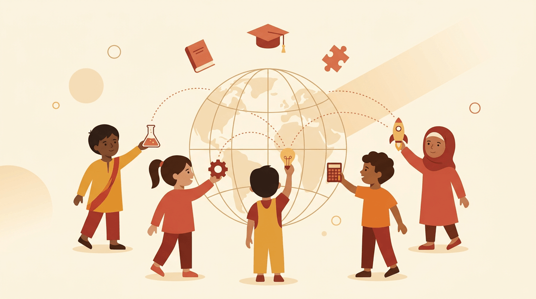 Diverse children offer STEM icons to a central globe, symbolizing inclusive global education for all students.