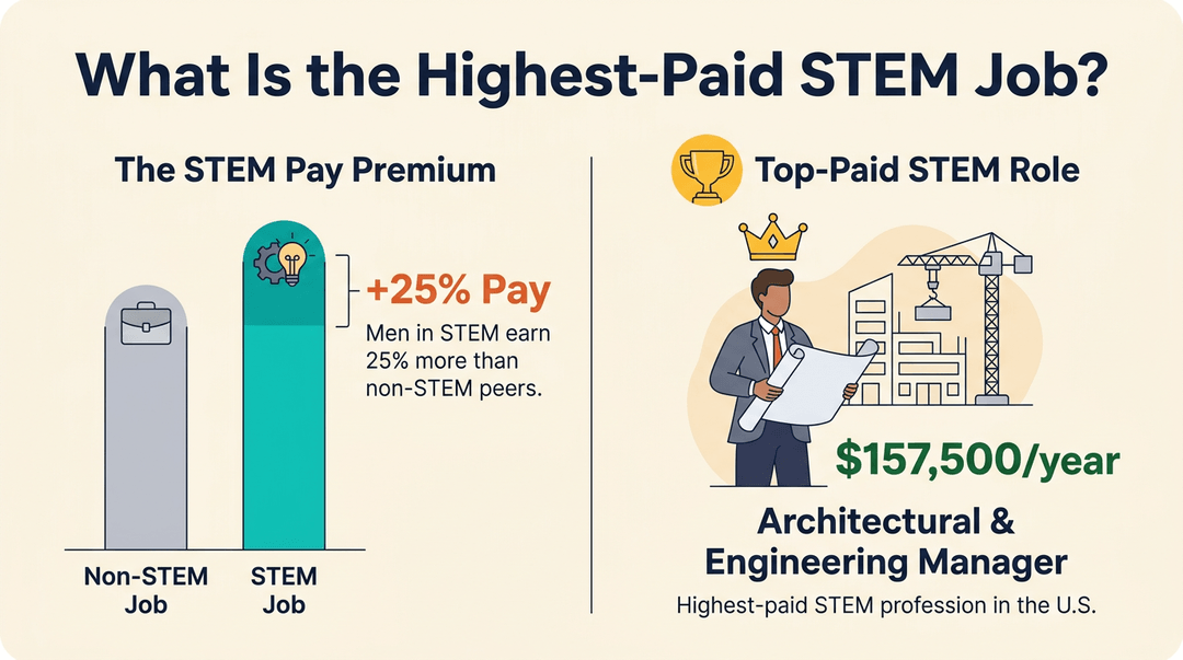 Infographic comparing STEM and non-STEM pay, highlighting the Architectural & Engineering Manager as the highest-paid role at $157,500/year.