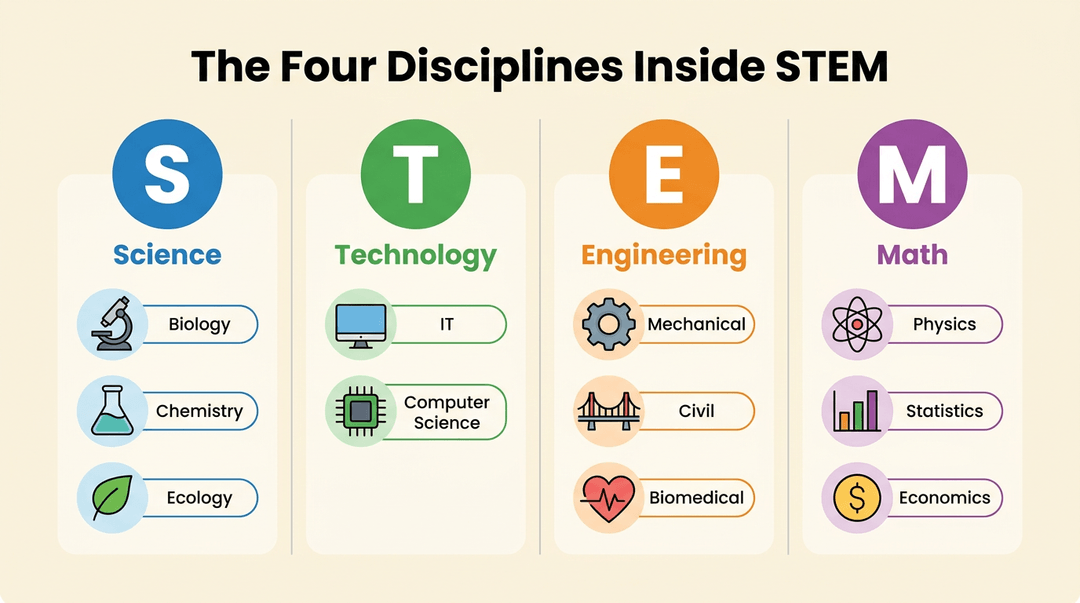 Chart showing STEM disciplines: Science, Technology, Engineering, and Math, each with three sub-fields like Biology, IT, Mechanical, and Physics.