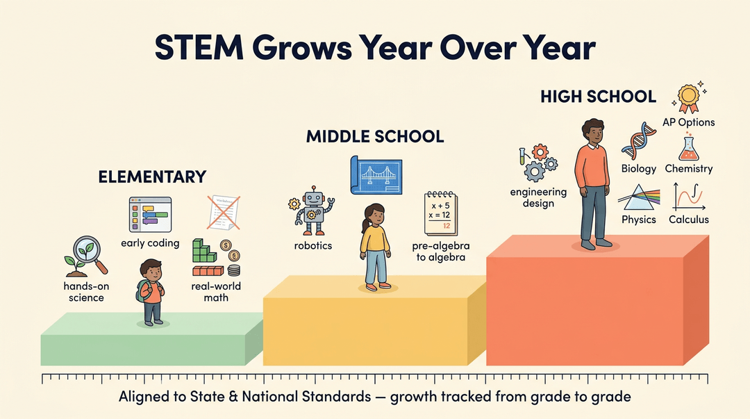 Staircase graphic showing STEM growth from elementary to high school, featuring grade-level icons and standards alignment.