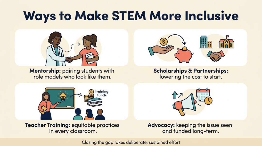 Infographic showing four ways to make STEM inclusive: mentorship, scholarships, teacher training, and advocacy.