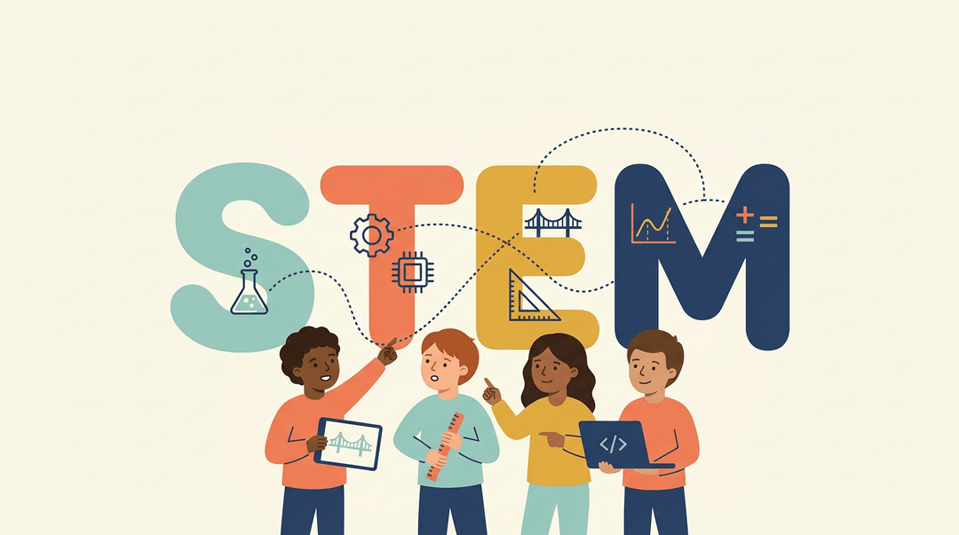 Diverse students explore a connected STEM display where icons for science, tech, engineering, and math are linked by dotted lines.