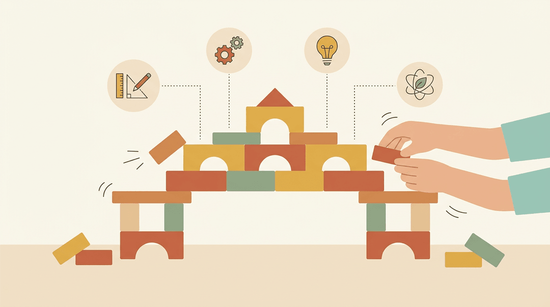 Child’s hands build a wooden block bridge with floating icons representing math, engineering, tech, and science above.