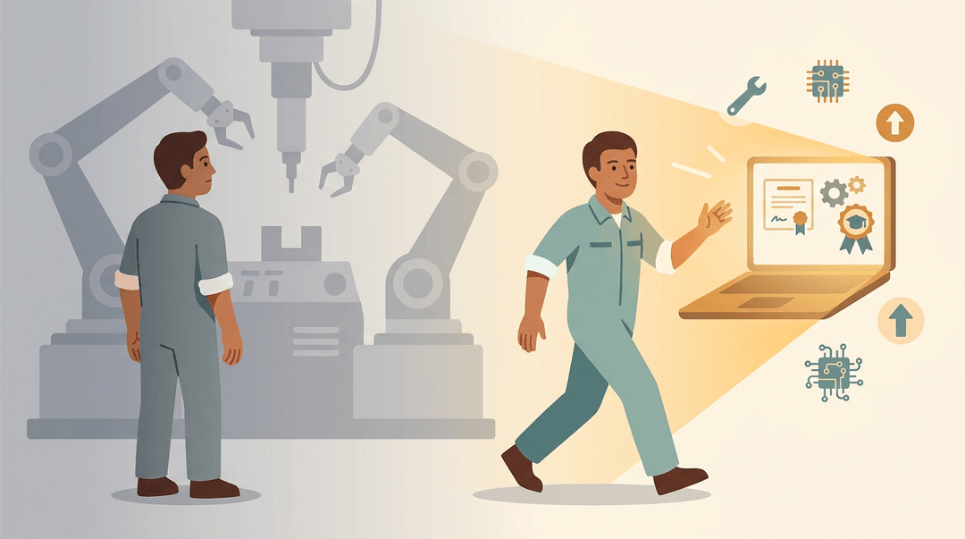 A factory worker steps from dim machinery toward a glowing laptop, symbolizing the transition to new STEM skills.