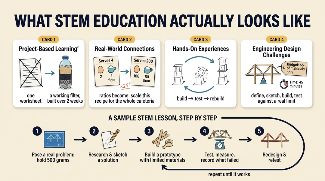 Infographic showing STEM concepts like project-based learning, real-world math, hands-on testing, and an iterative engineering design cycle.