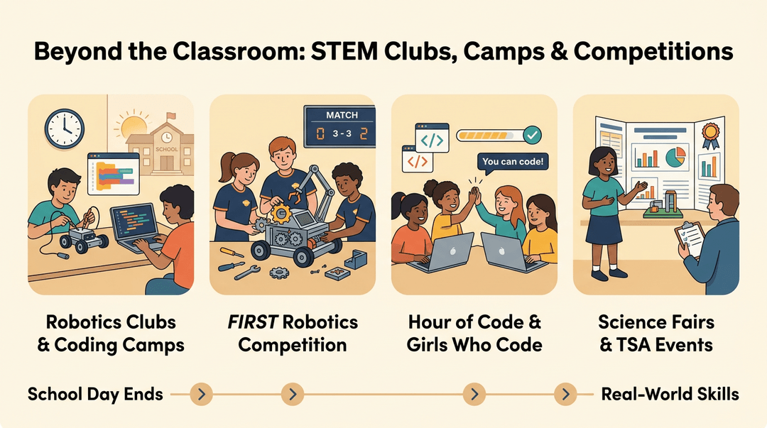 A roadmap graphic showing four STEM extracurricular options: robotics, FIRST competitions, coding clubs, and science fairs.
