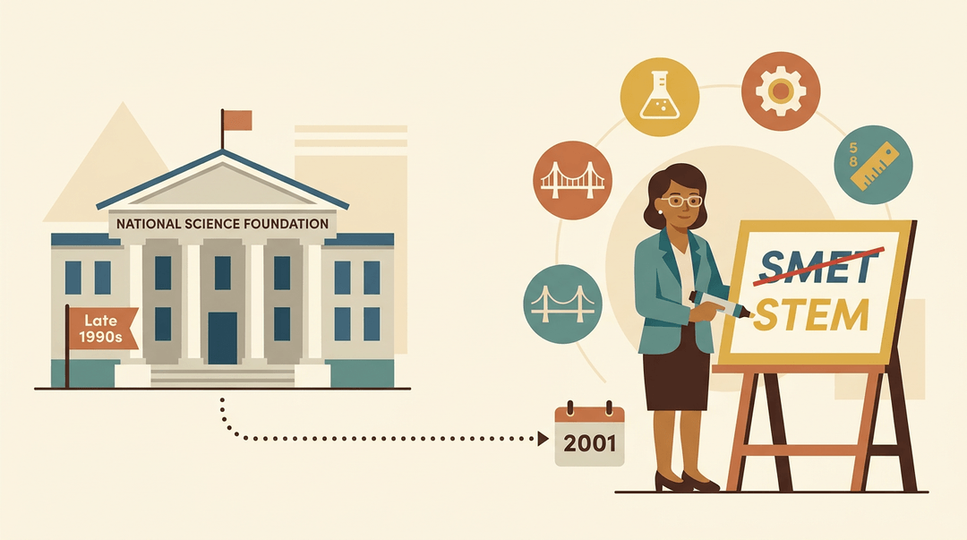 Timeline showing NSF evolving from SMET to STEM, with icons for science, technology, engineering, and math.