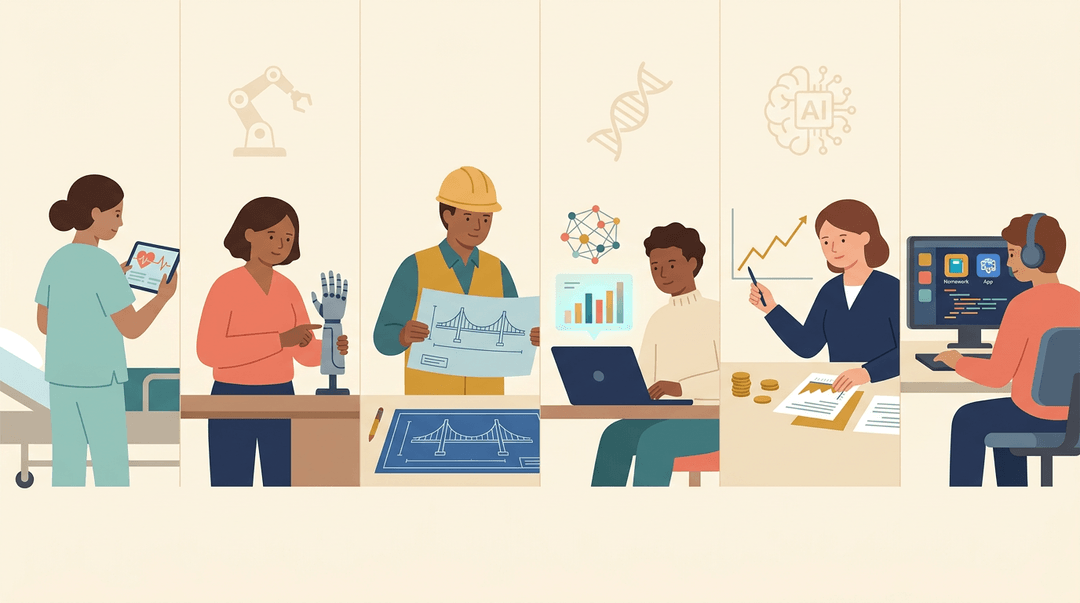 Six diverse professionals in teal, coral, and navy illustrate various STEM careers like nursing, engineering, and coding on a warm cream background.