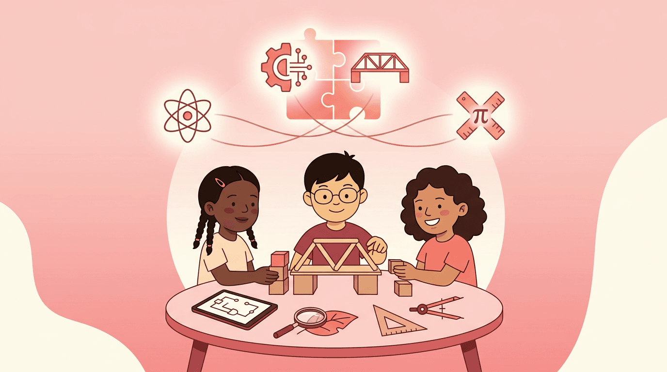 Three diverse children build a bridge model at a table with STEM tools, beneath glowing icons symbolizing integrated science, technology, engineering, and math.