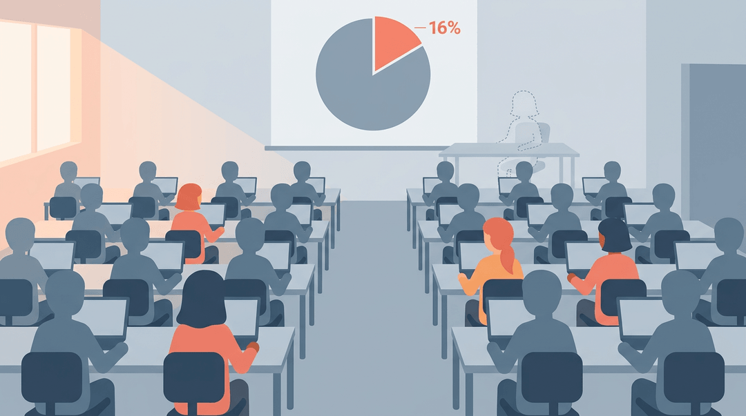 A classroom of blue-gray figures with sparse warm-colored women and a chart showing 16%, illustrating the gender gap in STEM.