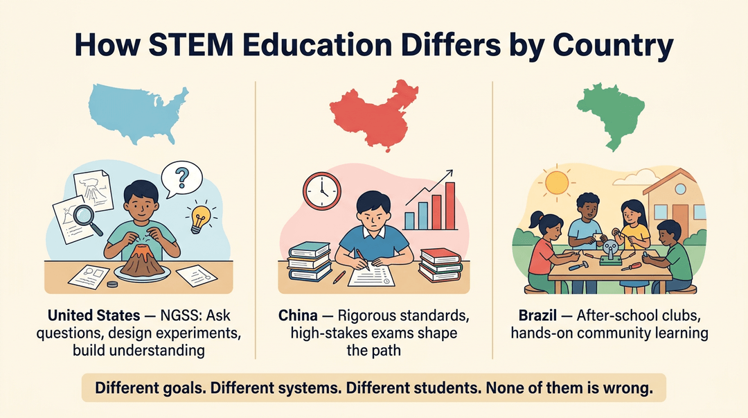 Infographic comparing STEM education in the US, China, and Brazil through classroom scenes highlighting inquiry, exams, and community learning.