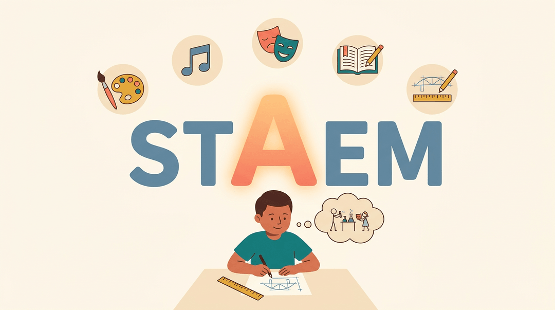 A student sketches a bridge while STEAM icons float around a glowing letter A, symbolizing the integration of arts into STEM.