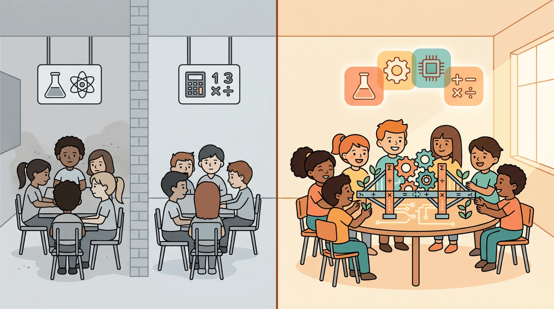 Split classroom showing isolated STEM groups versus an integrated, collaborative learning space with diverse students building together.