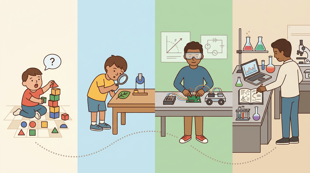 A timeline shows STEM learning from preschool blocks to college labs, connected by a dotted path across four age groups.