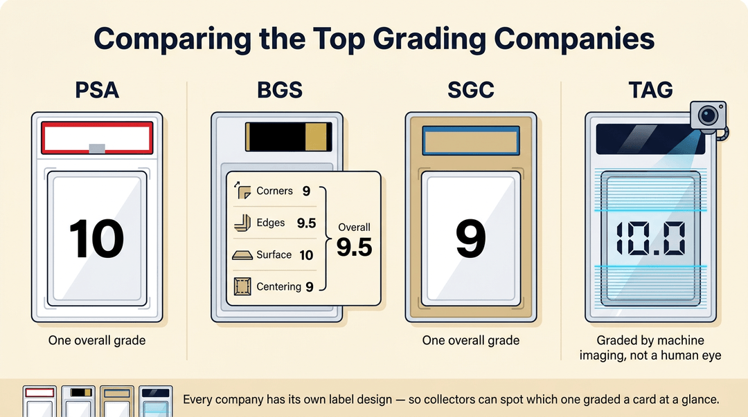 Infographic comparing PSA, BGS, SGC, and TAG grading styles, highlighting BGS's four-part breakdown versus others' single scores.