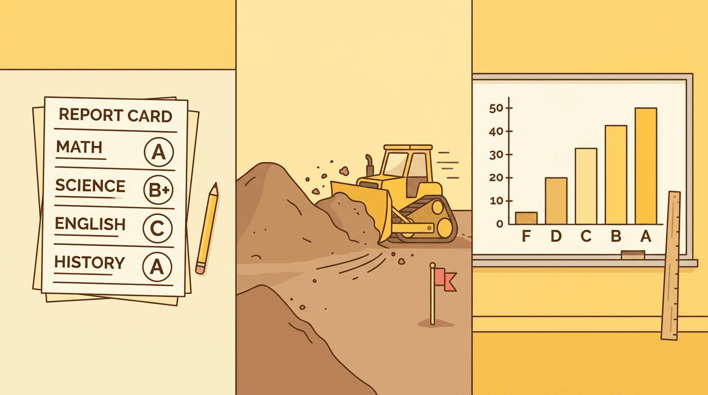 Three panels show grading as academic report cards, construction leveling, and statistical bell curves in warm yellow tones.