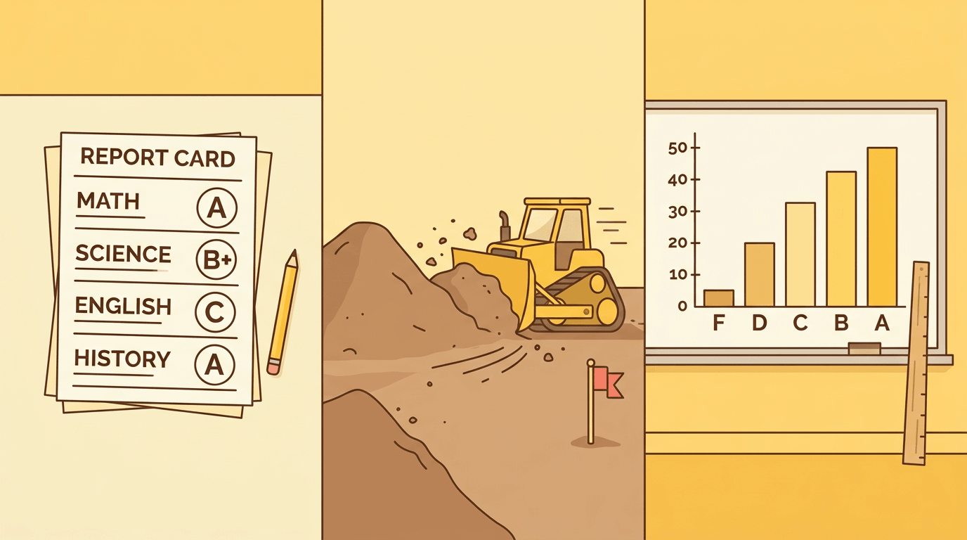 Three panels show grading as academic report cards, construction leveling, and statistical bell curves in warm yellow tones.
