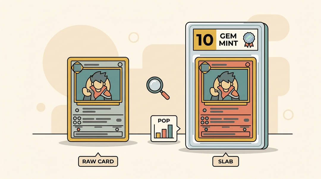 A raw trading card sits next to a slabbed Gem Mint 10 card, with icons for magnification and population reports between them.