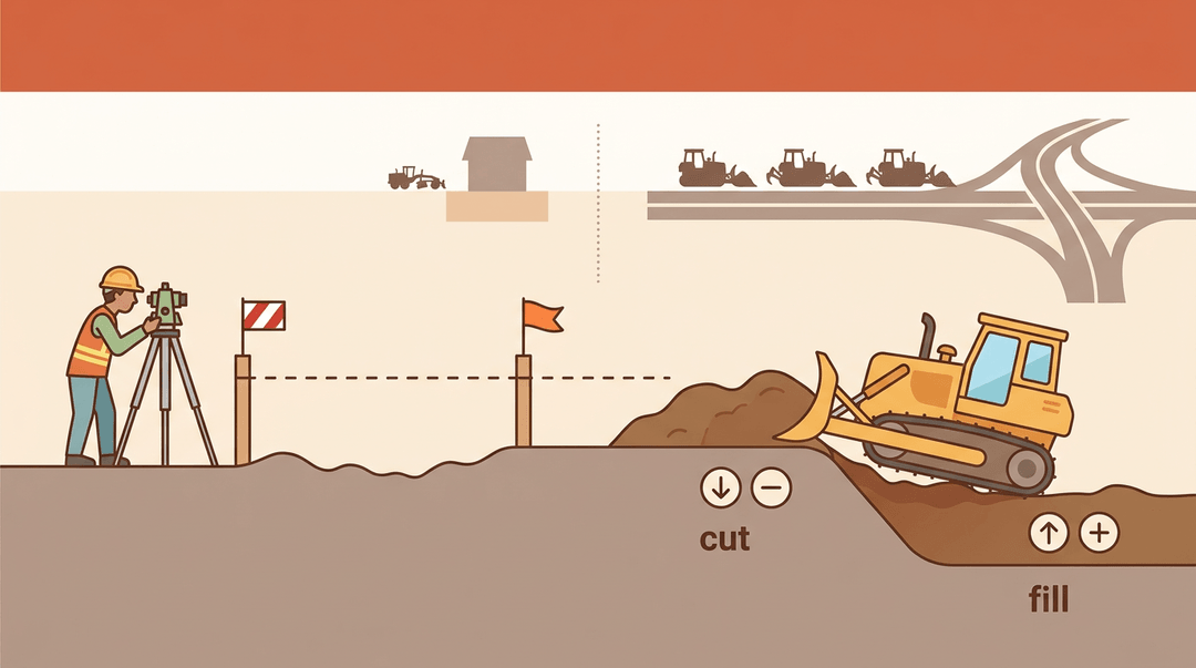 Surveyor checks elevation stakes while a bulldozer moves earth from cut to fill areas on a construction site.