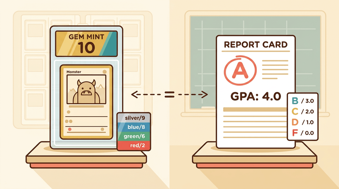Trading card grading slab with Gem Mint 10 label compared to school report card showing A and 4.0 GPA, linked by an equals sign.