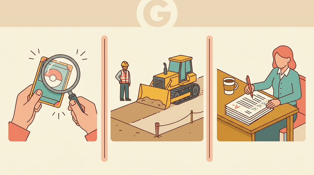 Three panels show grading: inspecting a card, leveling land with a bulldozer, and a teacher marking essays.