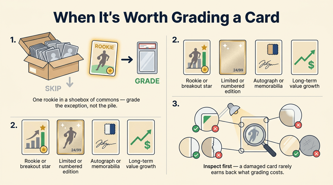 Infographic showing when to grade trading cards: prioritize rookies, limited editions, and autographs while inspecting for physical damage.