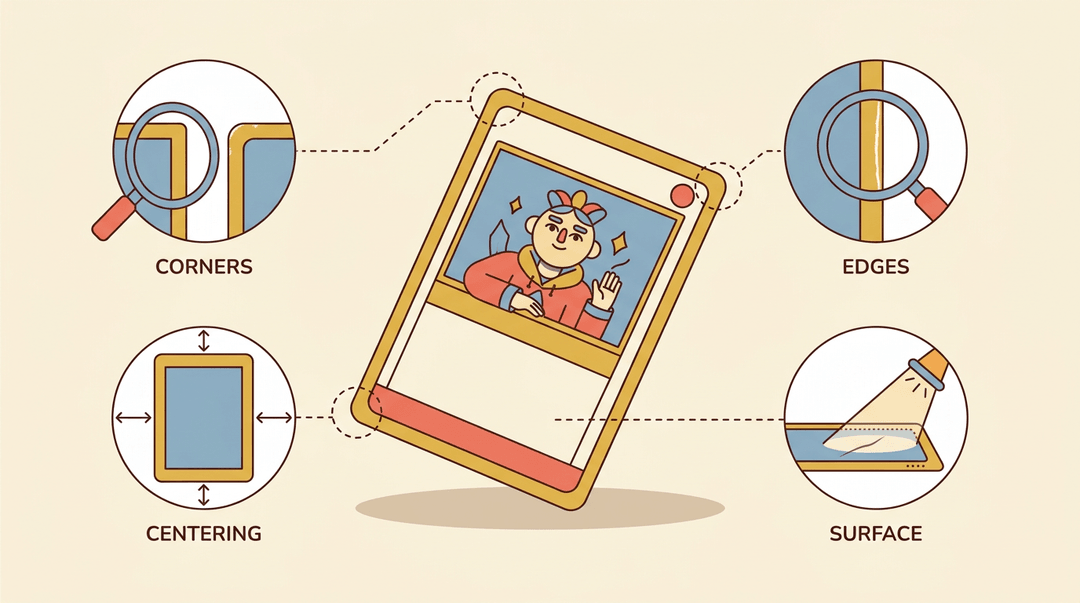 Educational infographic showing a trading card with callouts for corners, edges, centering, and surface condition.