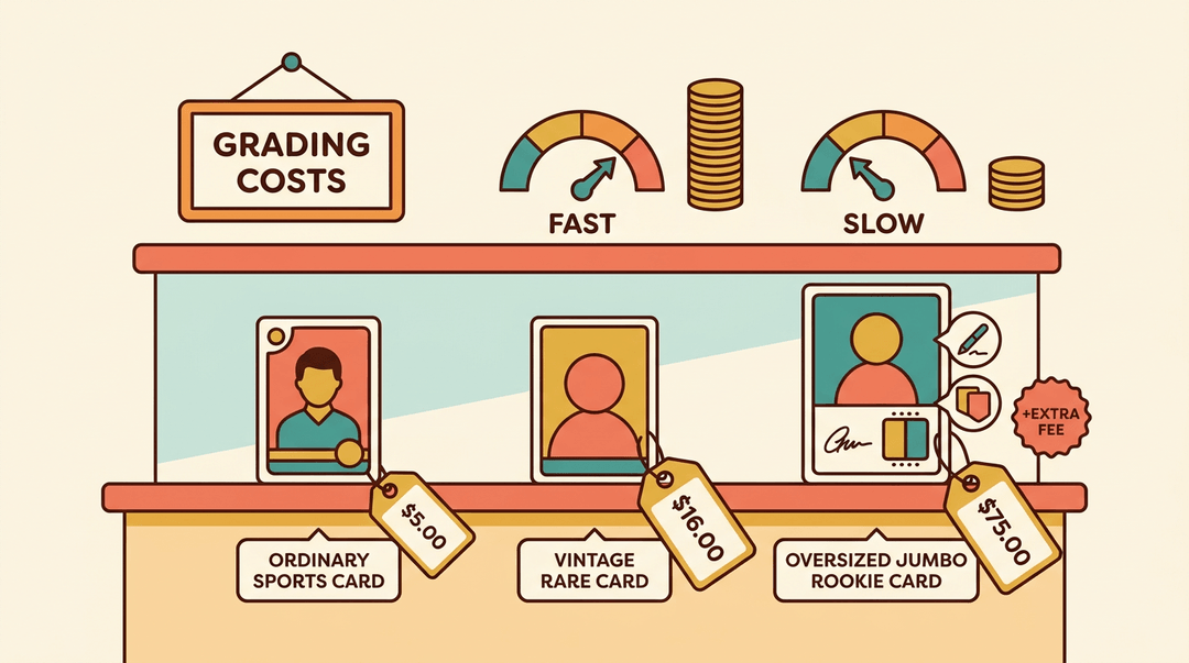 A graphic shows grading costs for sports cards, illustrating that faster turnaround and premium features like autographs increase the price.