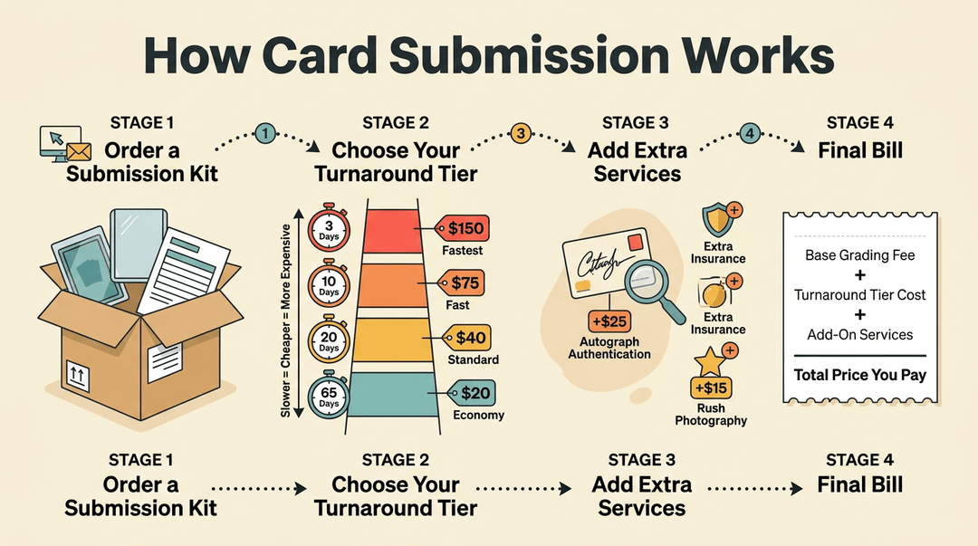 Infographic showing card grading steps: ordering kit, choosing turnaround speed versus cost, adding services, and calculating the final bill.