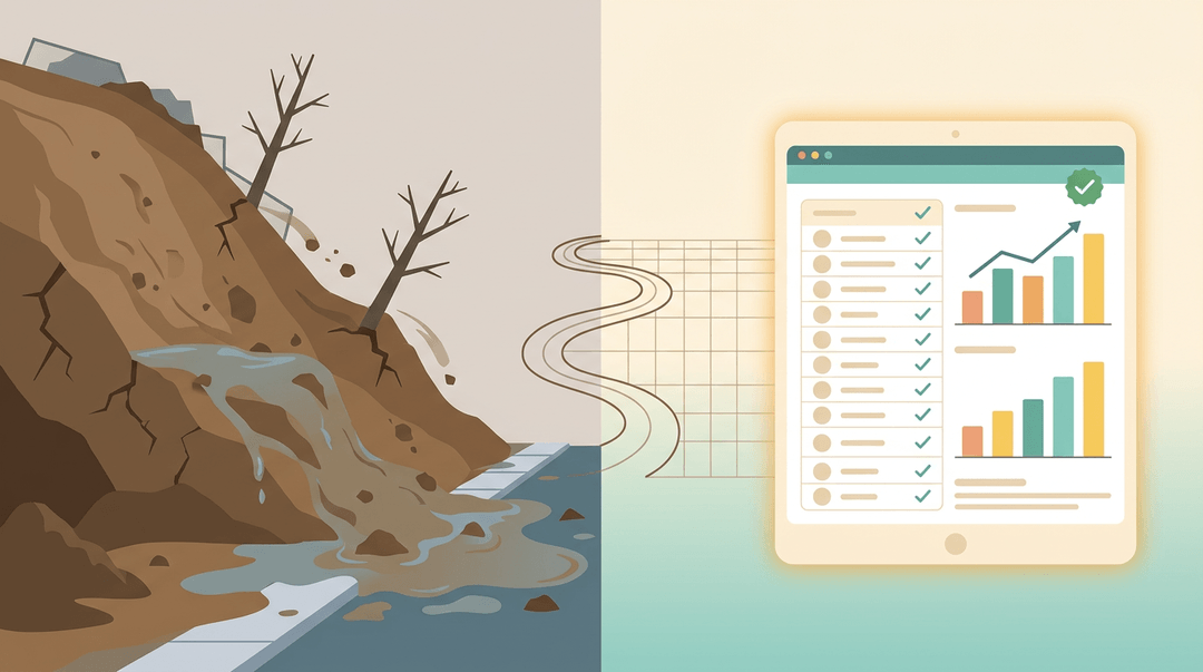 Split illustration contrasting a chaotic, eroding hillside with an orderly digital gradebook, linked by a line morphing from jagged earth to a smooth grid.