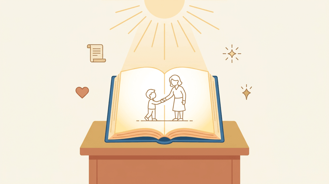 Open storybook on a desk shows a child shaking hands with a teacher, surrounded by icons of faith and character.