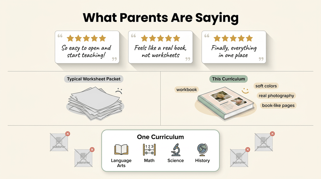 Illustration comparing messy worksheets to a unified, book-like curriculum with parent reviews and core subject icons.